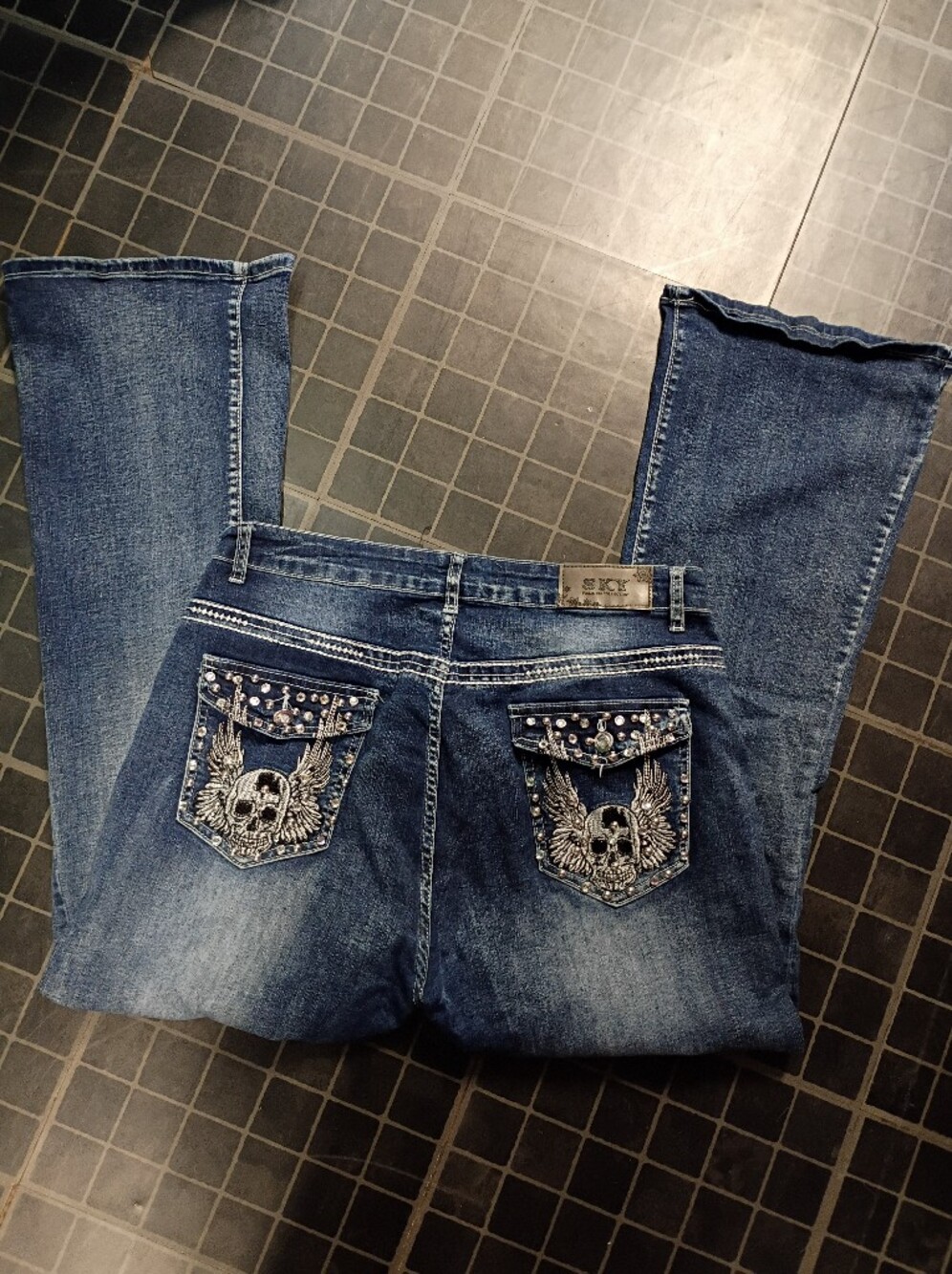 Sky Dark Blue Bootcut Jeans with Embellished Skull Wing Pockets